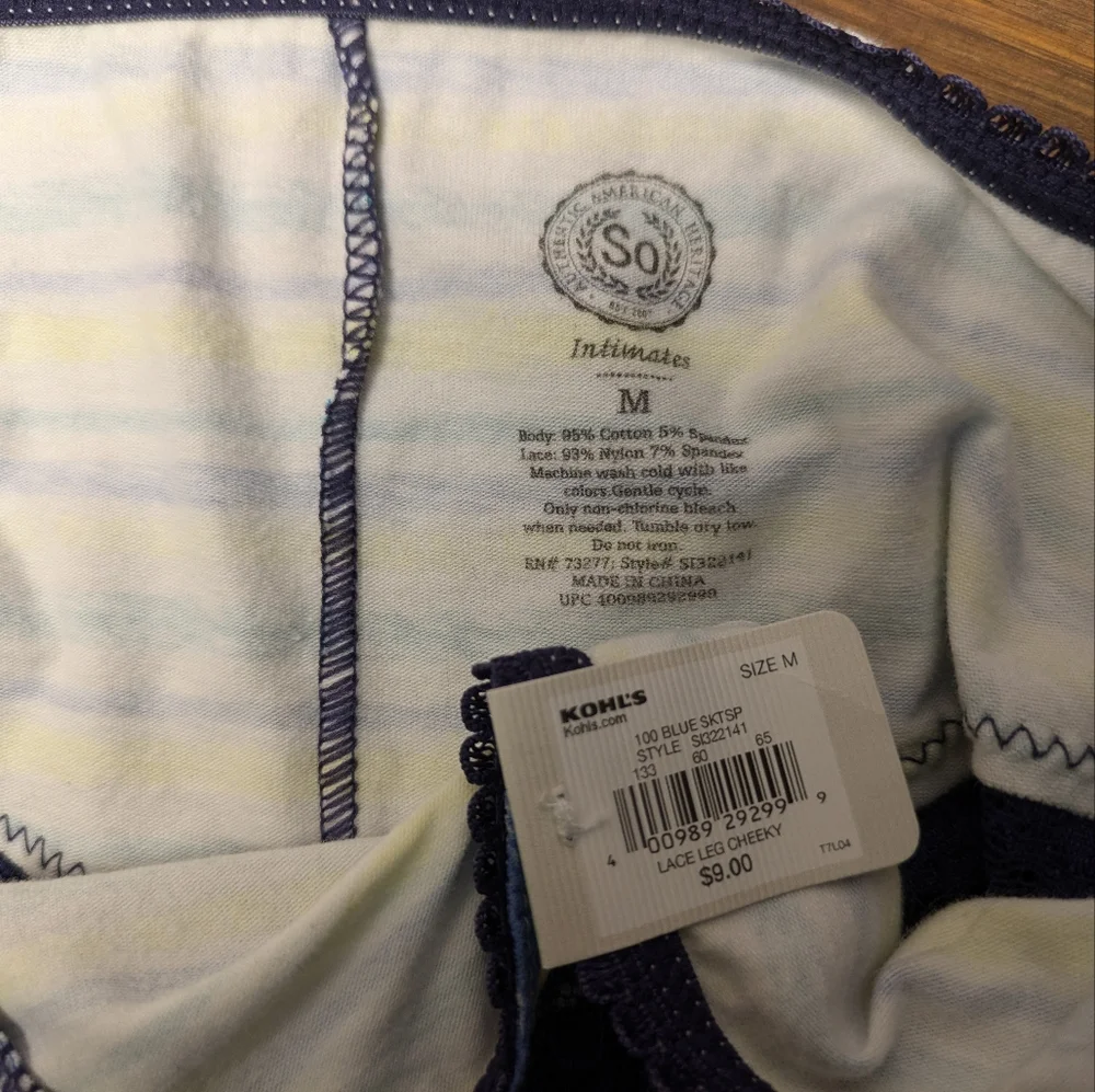 SO Medium Striped Blue, Teal & White, Blue Lace Trim Cheeky Cut Panty
